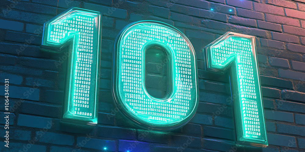Poster Number 101 filled with binary code shining on brick wall