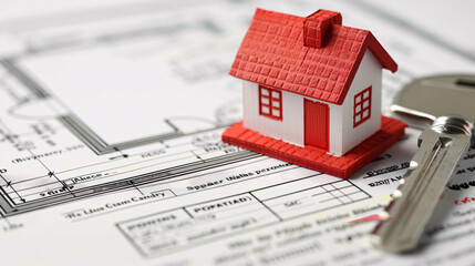 Miniature house model and key placed on architectural blueprints, symbolizing real estate, home ownership, and property investment planning