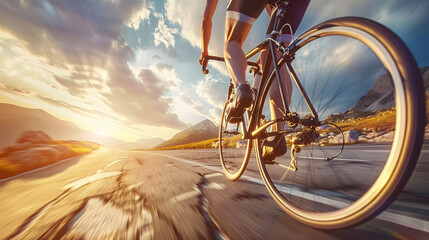 Naklejka premium Close-up of a cyclist on a road bike traveling through a scenic mountain landscape at sunrise, capturing speed, freedom, and adventure