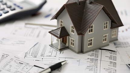 Miniature house model placed on financial documents and next to a calculator, symbolizing real estate investment, home financing, and budgeting