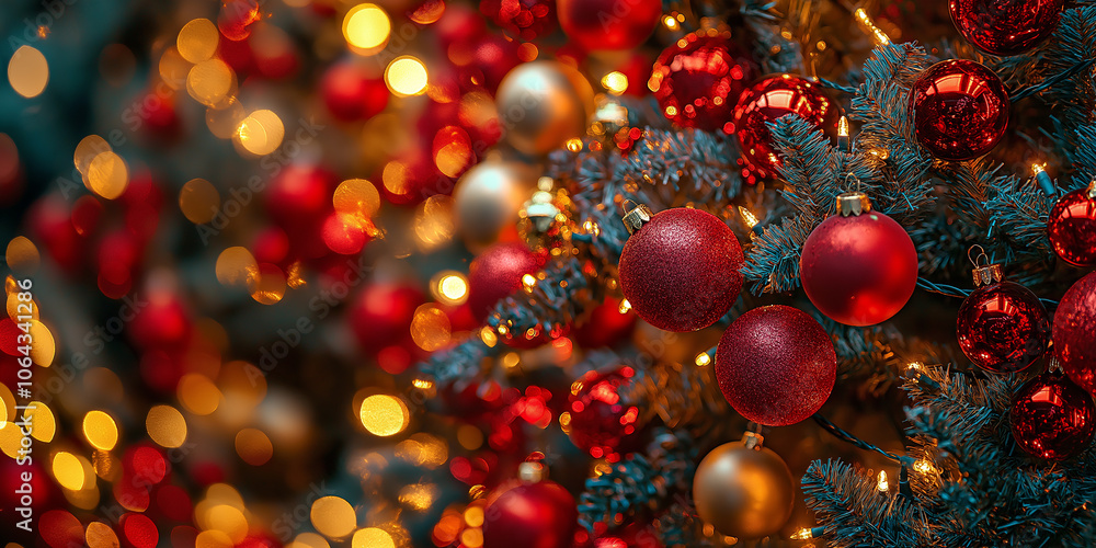 Poster Christmas tree decorated with red and gold baubles and string lights creating a festive atmosphere