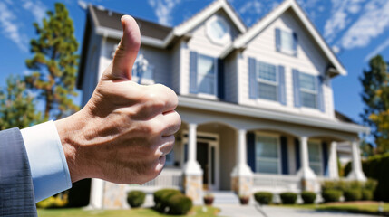 Close-up of hand showing thumbs-up in front of a suburban house, symbolizing approval, success, and satisfaction with real estate purchase