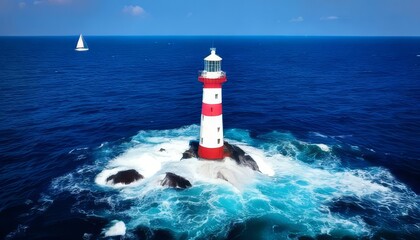 A red and white lighthouse stands tall on a rocky island in the middle of a stormy sea, with a small sailboat in the distance. This image symbolizes guidance, protection, hope, and resilience.