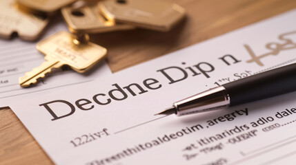 Close-up of house keys and a pen on a real estate contract, symbolizing home purchase, lease agreement, and property investment