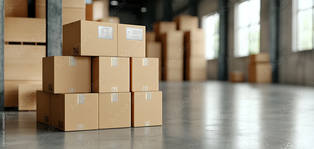Poster optimize your warehouse efficiency by utilizing a stack of boxes with cost-saving logistics icons fo