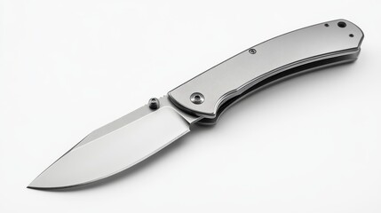 Obraz premium A beautifully crafted stainless steel knife with a striking black handle lies on a clean, white surface, showcasing its sharp blade and ergonomic design, ideal for culinary enthusiasts.