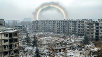 Obraz premium War Torn Cityscape with Rainbow and Smoke Post Apocalyptic Urban Landscape