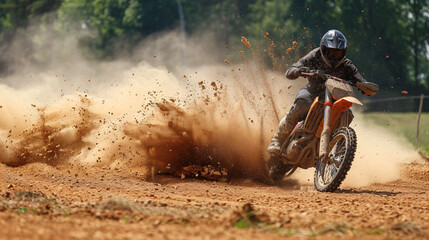 Motocross rider slides and kicks up dirt on a rugged track, capturing intense movement, speed, and flying debris in an action-packed scene