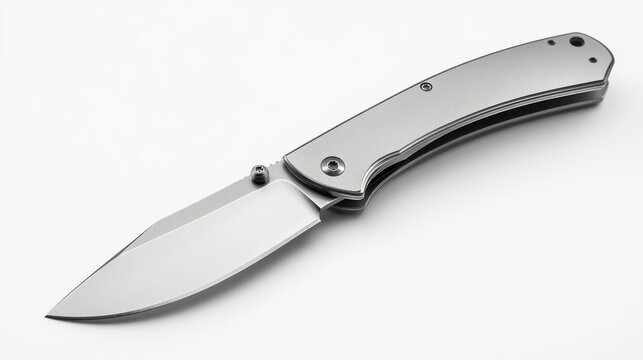 A beautifully crafted stainless steel knife with a striking black handle lies on a clean, white surface, showcasing its sharp blade and ergonomic design, ideal for culinary enthusiasts.