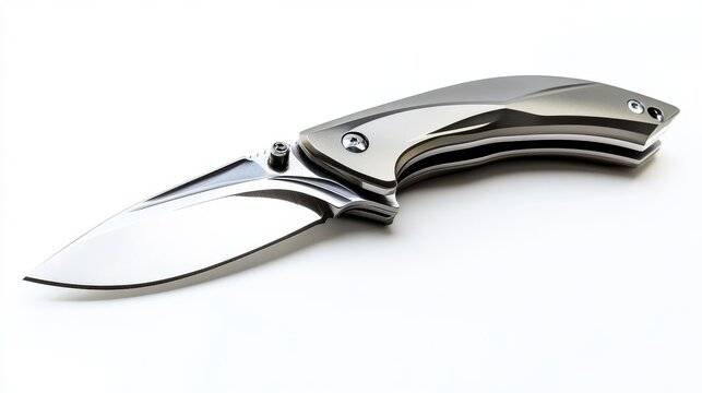 A beautifully crafted stainless steel knife with a striking black handle lies on a clean, white surface, showcasing its sharp blade and ergonomic design, ideal for culinary enthusiasts.