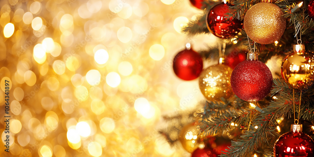 Poster christmas tree decorated with red and gold shiny baubles on golden bokeh background
