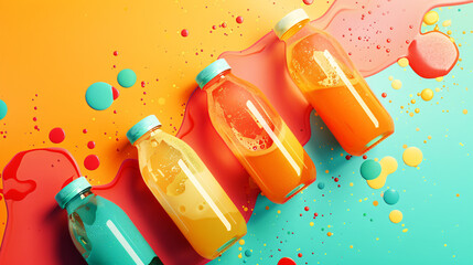 Vibrant bottles of juice arranged on a colorful, abstract background with splashes and bubbles,...