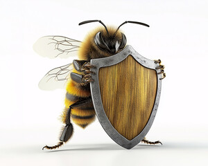 3D render of a honey bee holding shield isolated on white