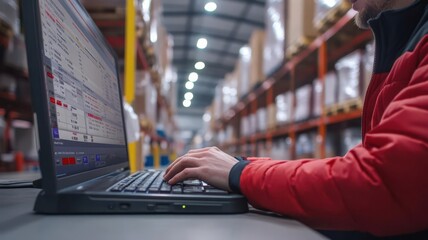 Detailed screen showing order progress, worker typing in warehouse