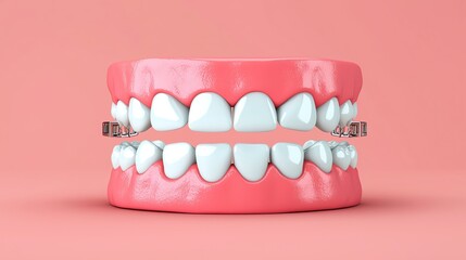 Obraz premium Realistic model of human teeth with braces on a pastel background, showcasing dental health and orthodontic care.