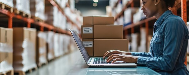 Worker checking orders on laptop in warehouse, organized boxes in background