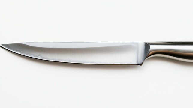 A beautifully crafted stainless steel knife with a striking black handle lies on a clean, white surface, showcasing its sharp blade and ergonomic design, ideal for culinary enthusiasts.