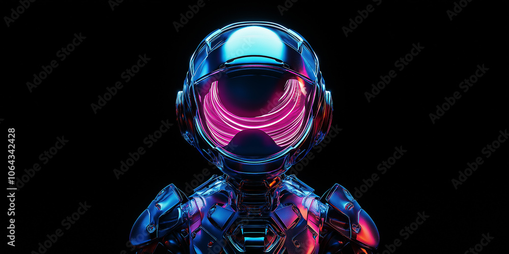 Poster futuristic robot wearing helmet with glowing visor in dark background