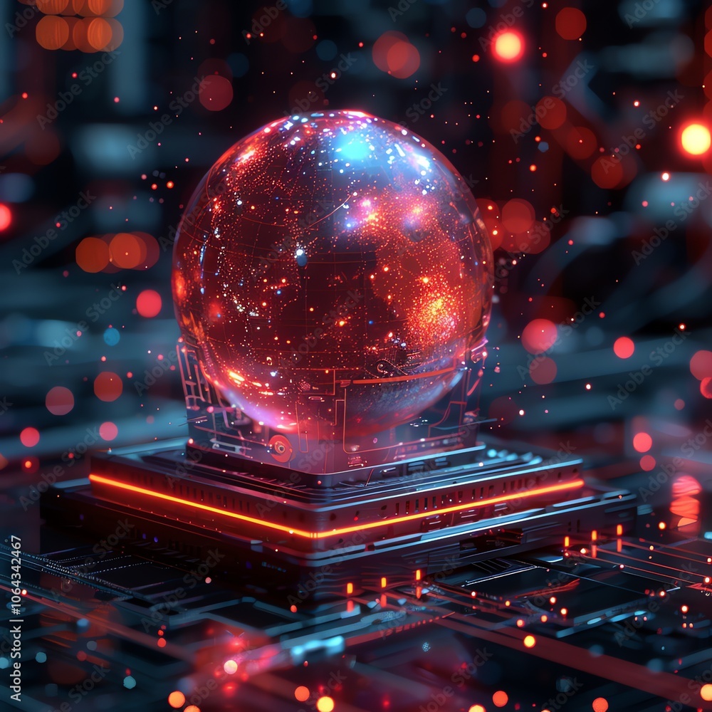 Poster a glowing orb representing the earth sits on a circuit board with red lights.