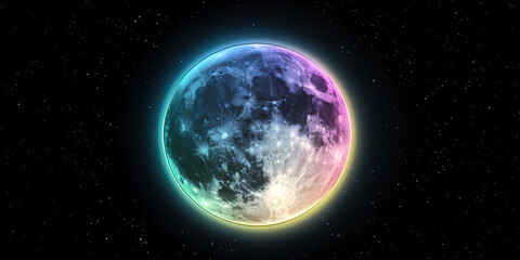 Fototapeta premium Full moon shining with rainbow colors in the starry night sky