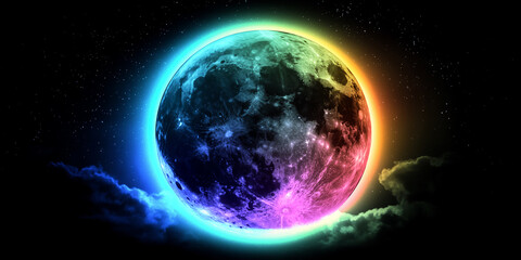 Fototapeta premium Rainbow moon shining in the dark night sky with stars and clouds