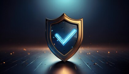A glowing shield with a checkmark symbolizes security and trust, set against a dark, illuminated background, suggesting digital protection and reliability.
