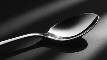 A silver spoon gracefully lies on a dark, textured surface, reflecting subtle light and creating an interplay of shadow and shape that captivates the eye.