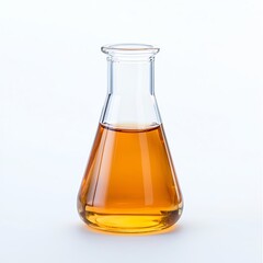 A clear laboratory flask filled with orange liquid, showcasing its glass structure against a white isolated background.