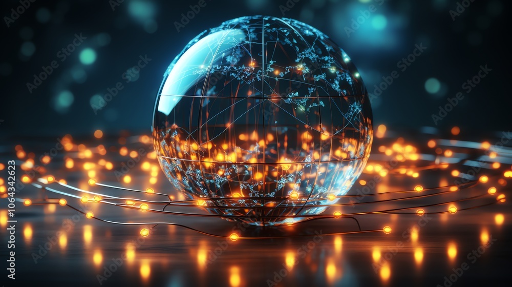 Aufkleber a glowing orb with a digital map inside, surrounded by lights, representing interconnectedness.