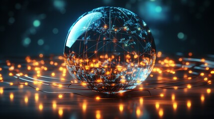 A glowing orb with a digital map inside, surrounded by lights, representing interconnectedness.