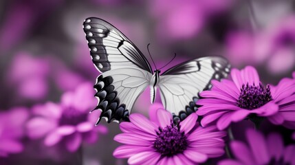 Elegant black and white butterfly resting on a vibrant purple flower in nature, showcasing intricate wing patterns against a soft floral background