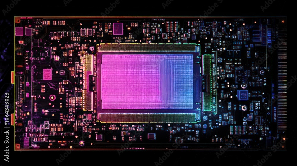 Poster a close-up view of a circuit board featuring a large chip, showcasing intricate electronic design.