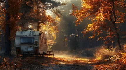 Travel Trailer Stationed Amidst the Vibrant Colors of an Autumn Forest