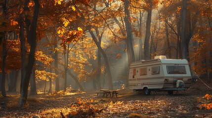 Travel Trailer Stationed Amidst the Vibrant Colors of an Autumn Forest