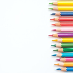 Fototapeta premium A vibrant arrangement of colored pencils neatly lined up against a white background, ideal for artistic and creative design concepts.