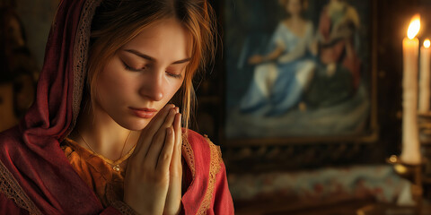 Young woman praying with hands joined in church or temple