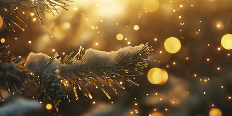 Pine branch covered with snow and ice glittering in golden sunset light