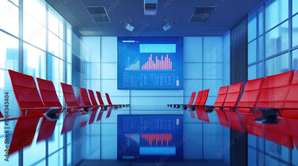 Poster modern conference room with red chairs and a digital display showing data graphs.