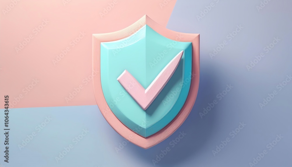 Poster a minimalist shield icon with a check mark, symbolizing security and trust in a pastel color scheme 