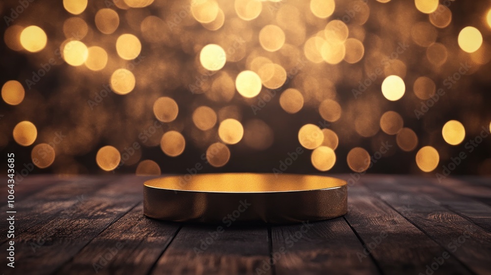 Poster a circular platform set against a blurred, warm bokeh background, ideal for showcasing products.