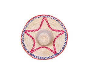 Weaving hat top view made from dry bamboo wood with red star patterns and  blue border around isolated on white background , clipping path