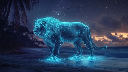 Fototapeta premium Glowing lion against a twilight backdrop