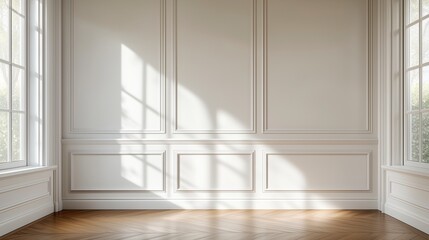 Fototapeta premium Luxurious and Elegant White Room Interior with Sunlit Space, Paneled Walls, and Wood Floor - Perfect for Zoom Virtual Background