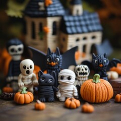 Halloween figurines with pumpkins, festive decor.
