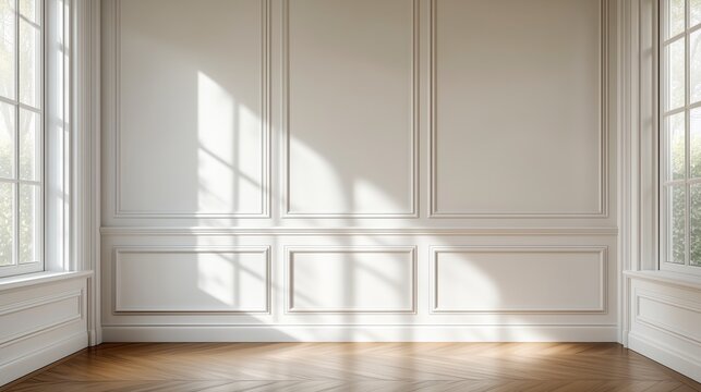 Luxurious and Elegant White Room Interior with Sunlit Space, Paneled Walls, and Wood Floor - Perfect for Zoom Virtual Background