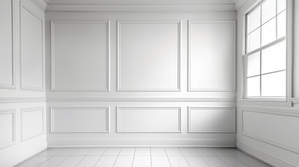 Luxurious and Elegant White Room Interior with Sunlit Space, Paneled Walls, and Wood Floor - Perfect for Zoom Virtual Background