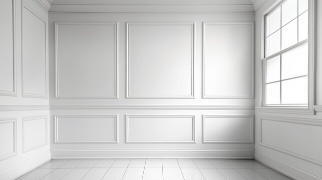 Luxurious and Elegant White Room Interior with Sunlit Space, Paneled Walls, and Wood Floor - Perfect for Zoom Virtual Background