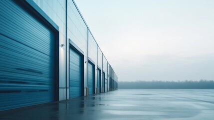 Industrial building with blue exterior, cloudy sky