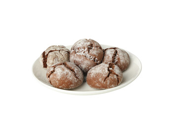 PNG, Chocolate crinkle cookies on plate, isolated on white background