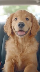 Happy Golden Retriever Puppy Looking Out Car Window   Road Trip  Adventure  Pet Travel